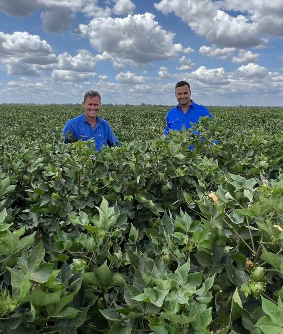 Colorada Cotton farm manager Dean Thompson, with owner Nigel Burnett in their ambassador field. Photo: Supplied 