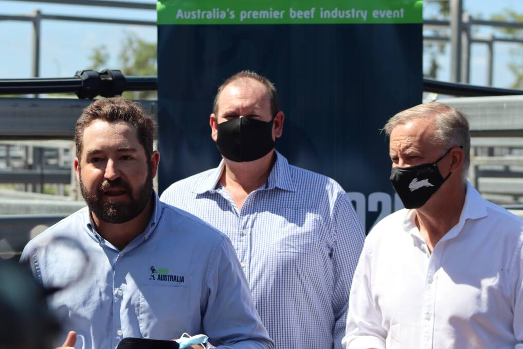 Beef Australia Chairman Bryce Camm, Labor's candidate for Capricornia Russell Robertson and oppostion leader Anthony Albanese. Picture: Supplied