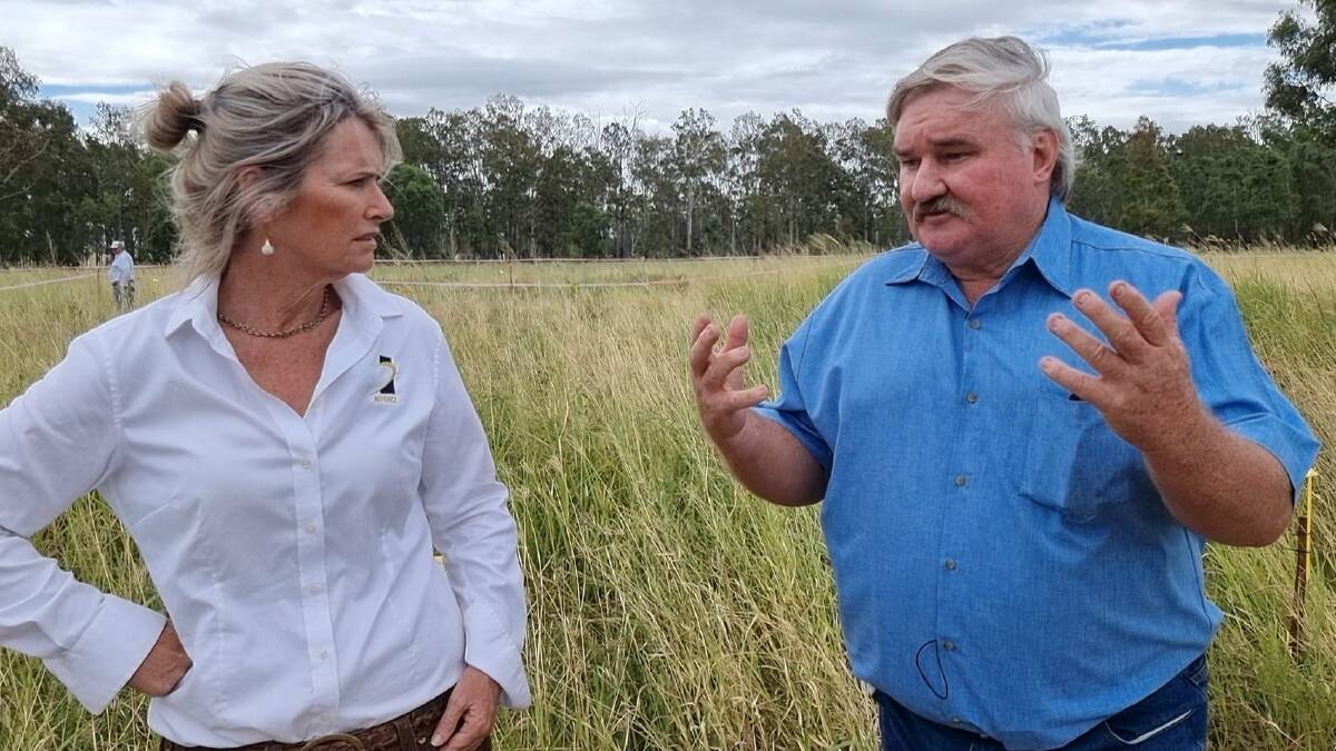 Ag Force's Sara Cue and Jambin grazier Geoff Maynard at the pasture dieback field walk at Mt Eugene, Jambin, in late Janurary. Photo: Supplied