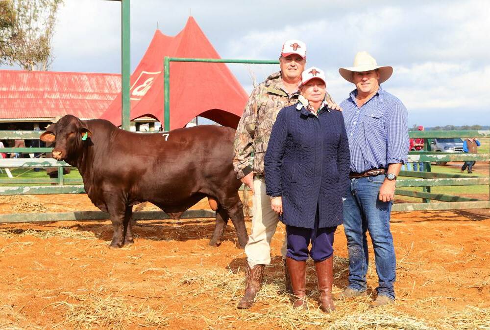 Rob and Lorraine Sinnamon, RL Pastoral Company, one half of the partnership that purchased the top-priced Yarrawonga S316 for $250,000, with Yarrawonga co-principal Andrew Bassingthwaighte. Picture by Sally Gall
