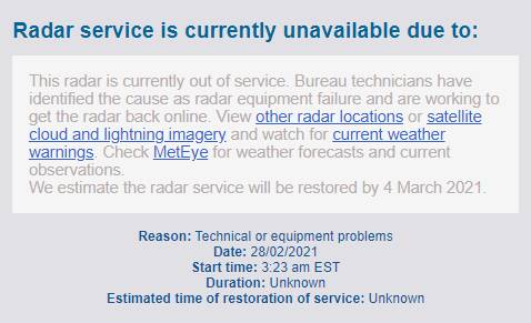 Townsville residents will have to rely on data from surrounding BoM radars, as Townsville BoM radar tower experiences equipment failure. Picture: BoM website. 