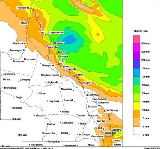 Forecast Queensland Rainfall for Wednesday 3 March 2021. Graph: BoM