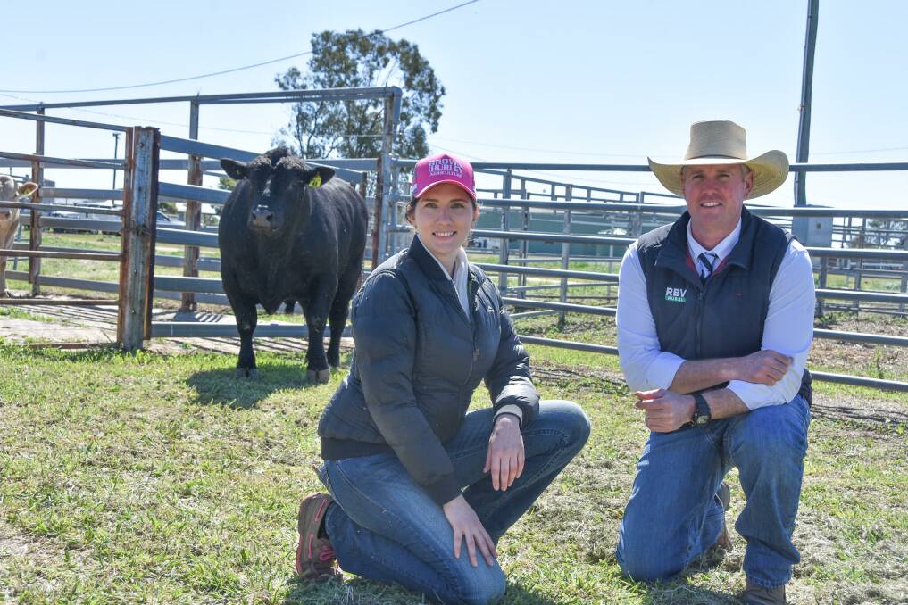 Top Angus bull Bauhinia Park Upward R10 sold for $26,000, pictured with Emma Holzwart, Bauhinia Park Charolais and Angus, and Matthew Beard, RBV Rural. 