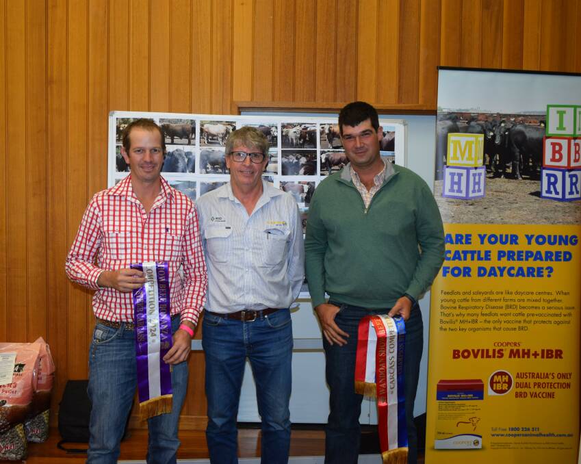 
Champion steer carcase winners, reserve place awarded to Digger Hay and accepting the champion ribbon was Colin Worsfold, pictured with Brett Kowitz (middle), MSD Animal Health. Picture supplied. 