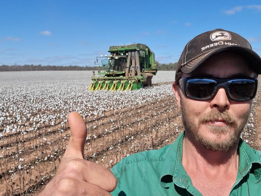 THUMBS UP: Fourth generation farmer Bradley Jonsson, is celebrating a successful cotton crop this season. 
