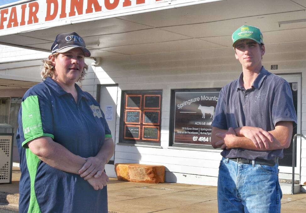 Springsure Mountain Meats owner Shiralee Smith and the store's freshly qualified butcher, Sam Monds, outside their store in Springsure. Pictures by Ben Harden 