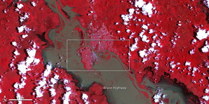 Though water levels had started to subside, the Australian city of Rockhampton was still inundated when the Advanced Spaceborne Thermal Emission and Reflection Radiometer (ASTER) on NASAs Terra satellite took this image on January 7, 2011. 