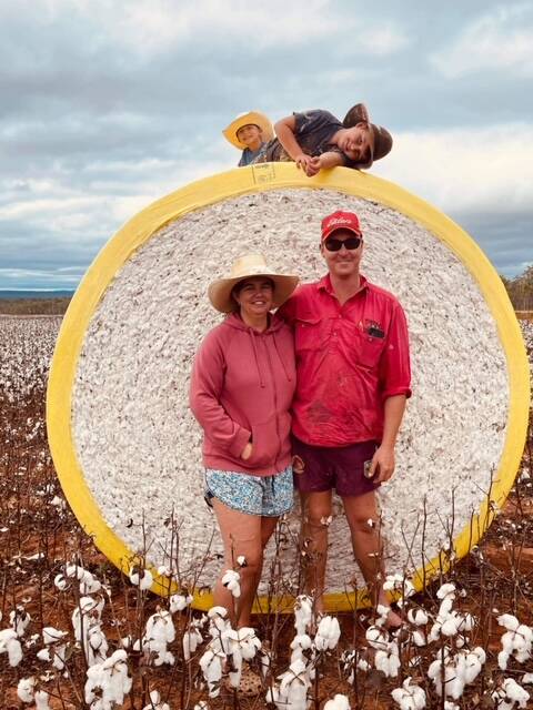 COTTON SUCCESS: Dean and Emmalee Jonsson, with their children William, 6, and Colby,4, Wombinoo station, south of Mount Garnet, are currently harvesting their first ever cotton crop in far north Queensland. Picture: Jess Watters 