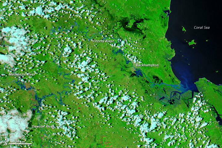 This image, taken on December 14, 2010, shows the basin before the flooding started. The contrast between the two images indicates the severity of the flooding. Image: NASA GSFC