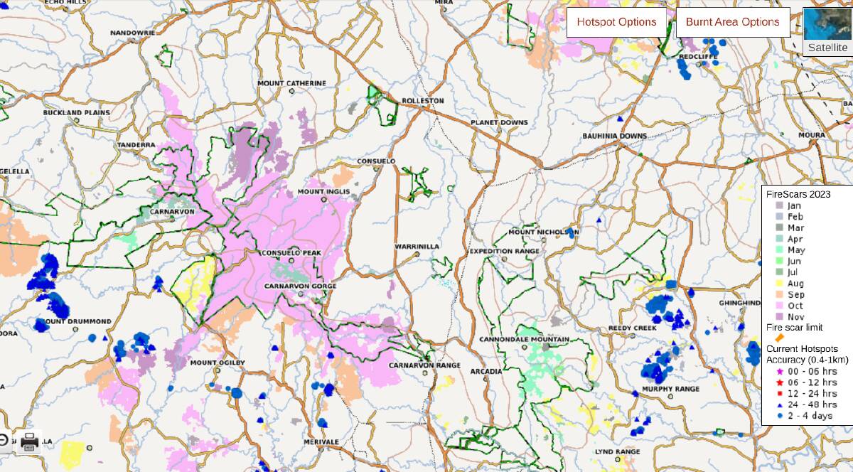 The light pink represents the Carnarvon National Park bushfire damage (October), in proximity to Tanderra Station, in the far left corner. Image: NAFI 