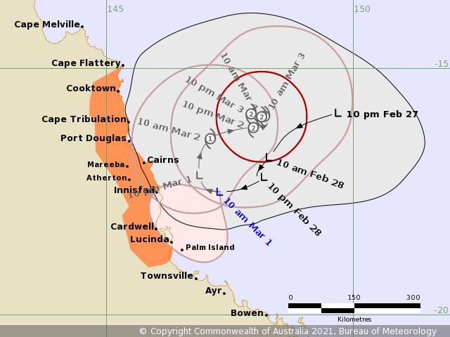Tropical Cyclone Niran forecast map issued at 11:23 am AEST Monday 1 March 2021. Graph: BOM