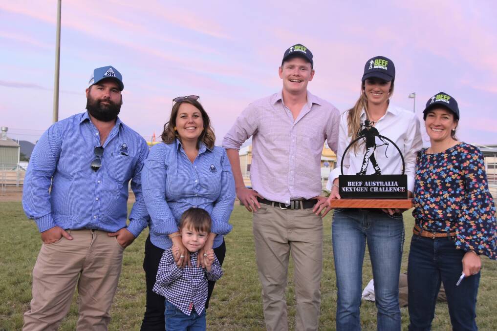 WINNERS: Sponsors Sprinsure Rural's Chris, Krystie and Tom Smith, 4, with the winning group Trent Davison, Dalby, Rebecca Clapperton, Townsville and Jane Weir, Charters Towers. Pictures: Ben Harden