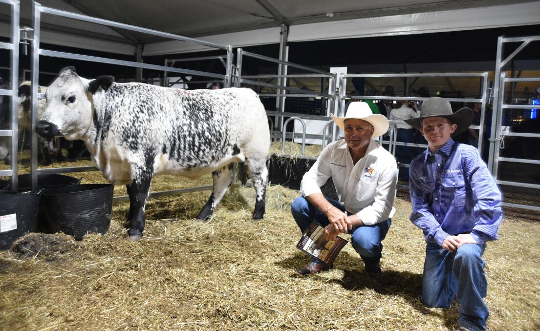 Top selling heifer, Party Girl WGS T248, with Top X Roma's Cyril Close and buyer Jacob Moore, Glenmia Livestock and Fitting Service, Miles. Picture: Ben Harden 