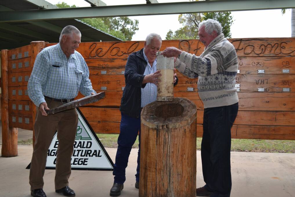 Unveiling history: EAC alumni Ian Burnett, Bill Bowen and Peter Douglas unveil a time capsule enclosed for 30 years on Saturday June 26 at the college's Hall Of Fame wall. Picture: Meg McCosker 