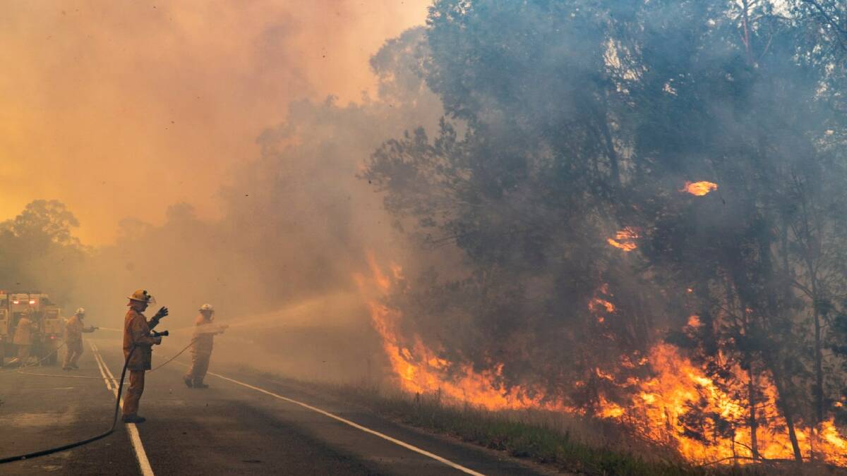 Firefighters battle a bushfire near Noosa. Photo: QFES. 