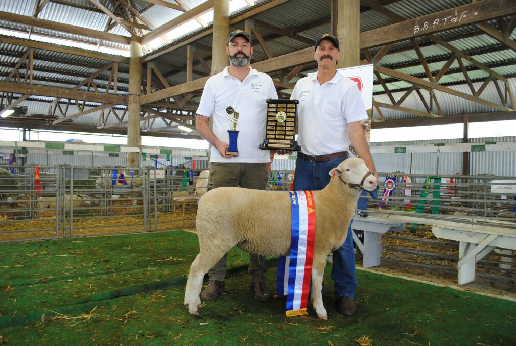 Sovereign Poll Dorsets' Brent and Chris Rubie with their supreme champion ewe, who also took out the trophy for supreme sheep of the show. 