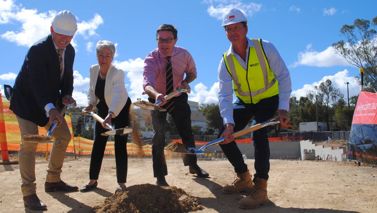 John Dee CEO Warren Stiff, Southern Downs mayor Tracy Dobie, agriculture minister David Littleproud and Wiley chief operating officer Robert Barron at a sod-turning for the John Dee regional cold store facility. 