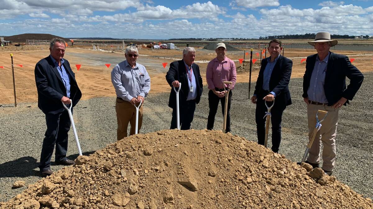 Joe Wagner, Neil Wagner, John Wagner, Deputy Premier and Minister for State Development Steven Miles, Treasurer and Minister for Investment Cameron Dick, Denis Wagner at the sod turn for the Regional Trade Distribution Centre at Wellcamp Airport.