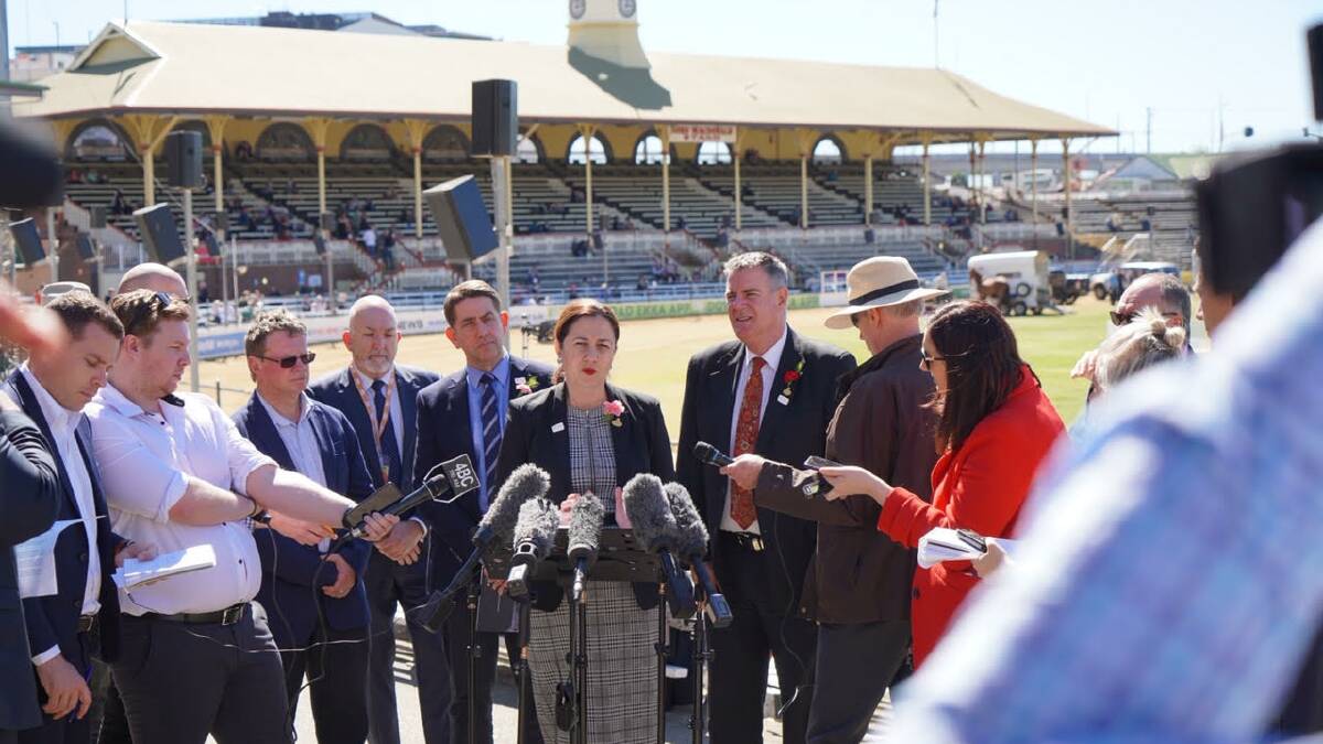 Premier Annastacia Palaszczuk, flanked by John Berry, JBS, state development minister Cameron Dick and agriculture minister Mark Furner, fronts the media at the Brisbane Showgrounds. 