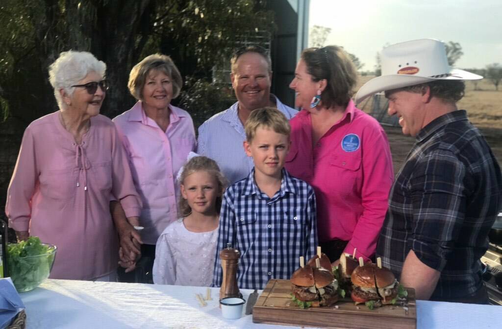 Ivy Bowen, Judy Bryant and Maggie, Craig, Beau and Bec Beissel with chef Adrian Richardson at Pine Tree during the Maranoa Beef filming segment. 