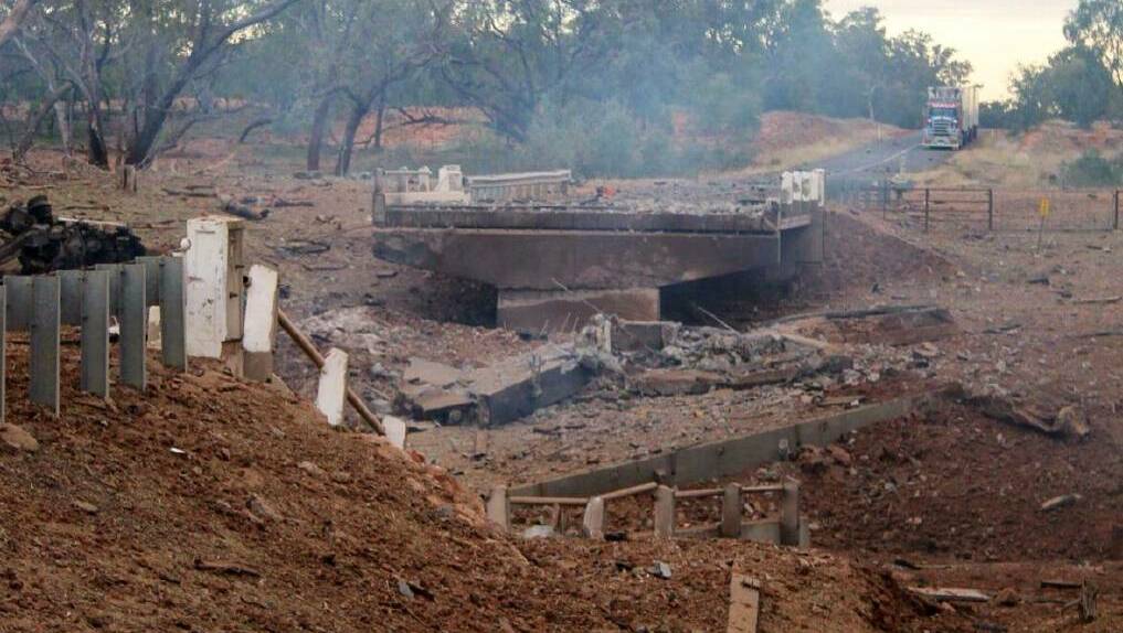 The Angellala Creek bridge on the Mitchell Highway after it was destroyed in the 2014 blast. Photo: Queensland Police.
