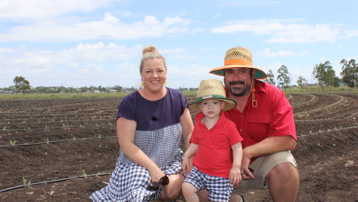 Alicia, Noah and Craig Vohland in front of their newly planted lavender at Westbrook.