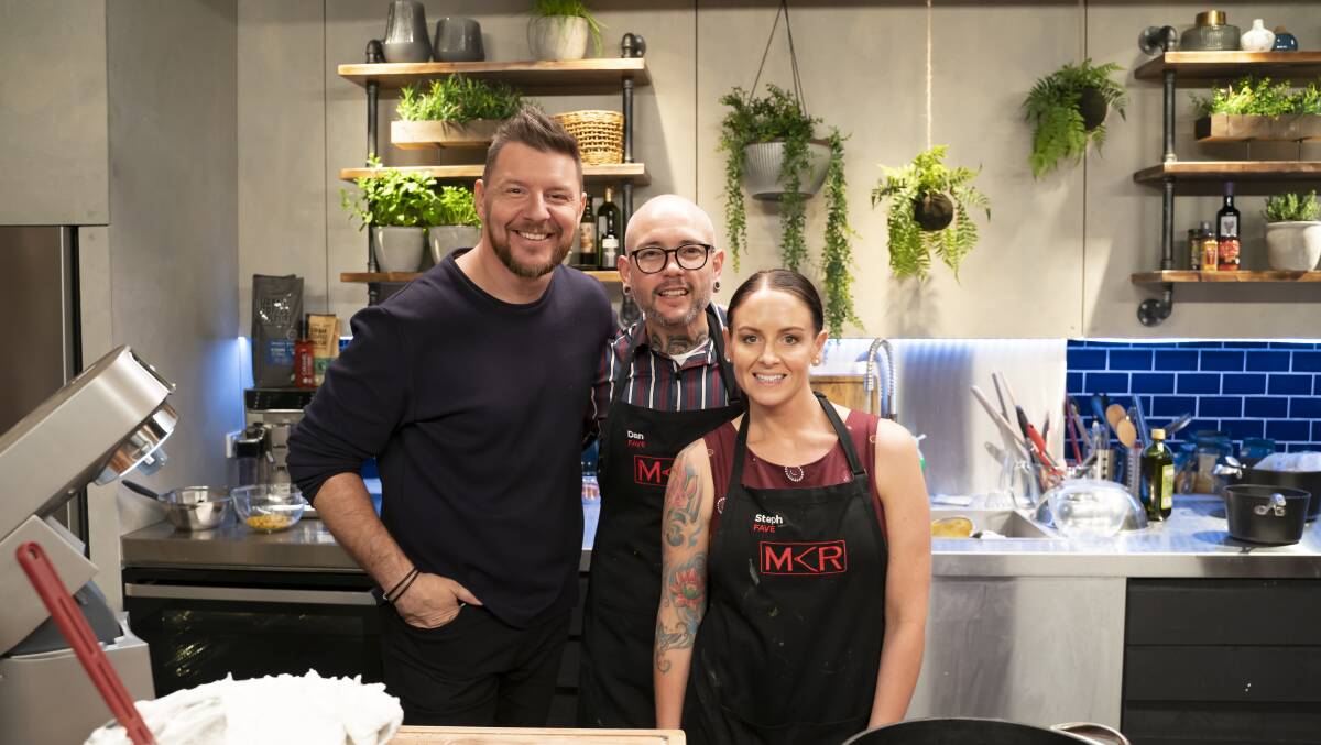 Chef Manu Feildel with My Kitchen Rules contestants Dan and Steph Mulheron. 