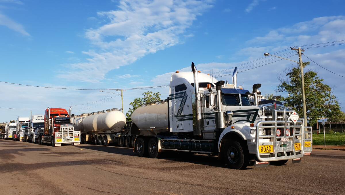 Trucks stranded at Winton during the flooding in north west Queensland. Photo: John Elliott.