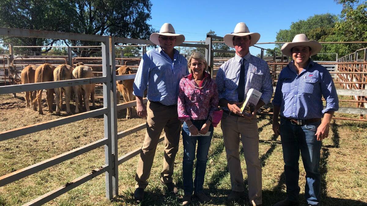 Champion and reserve champion pen of store cattle winners Tanya and Randall Ziesemer, Beaumont Grazing Co (centre) with major sponsor Phil Kelly, Rabobank, Dalby, and judge Jack Wilkinson, Mort & Co.