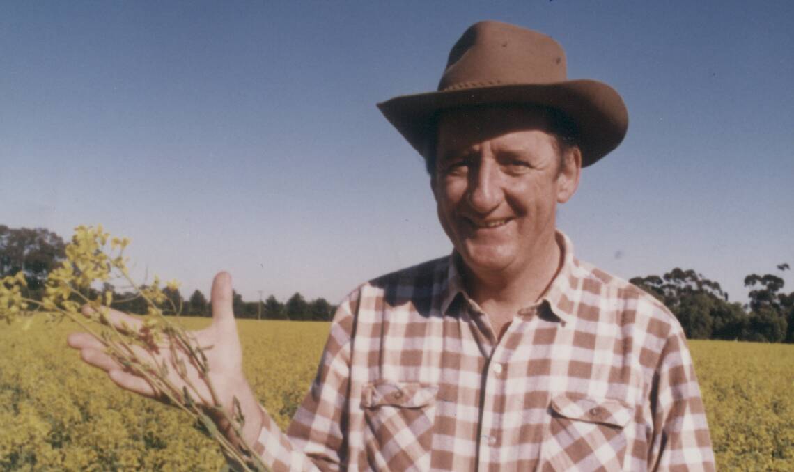 Always a farmer at heart, Tim Fischer pictured in 1990 in a canola crop in a story for The Land. It's Barossa canola on his farm Peppers at Boree Creek.