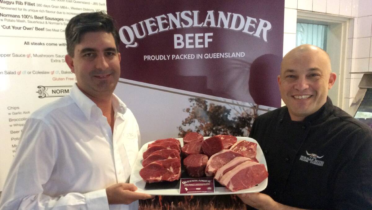 JUNE 6: JBS business development manager Chris Miller and Norman Hotel executive chef Frank Correnti with Queenslander brand steaks, which are proving a big hit in the food service sector and with retail butchers. 