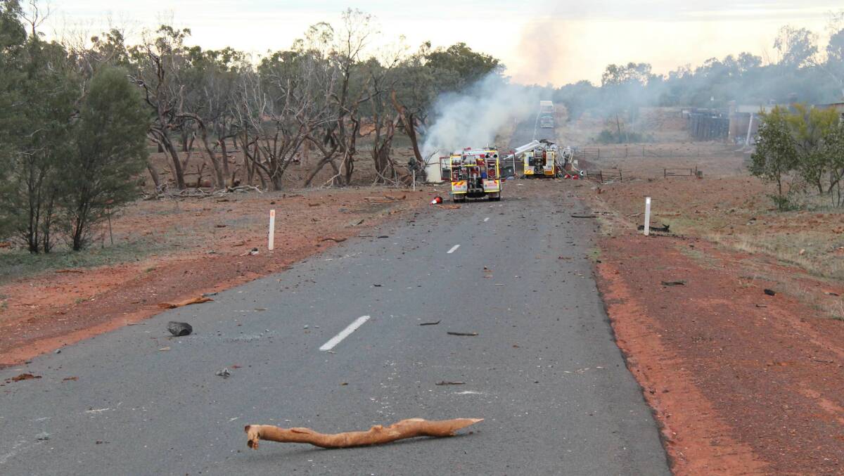 The scene of the truck explosion on the Mitchell Highway, near Charleville. Photo: Queensland Police Service