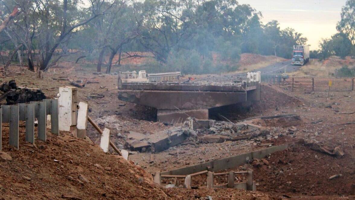 The bridge on the Mitchell Highway south of Charleville was destroyed in the 53-tonne blast. Photo: Queensland Police Service.