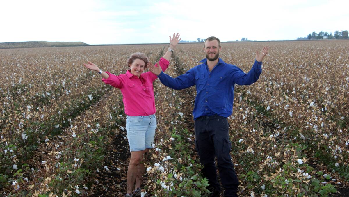 Louise Porter with son Grant, Attleigh, Condamine Plains, celebrate the end of the cotton harvest. Picture: Helen Walker