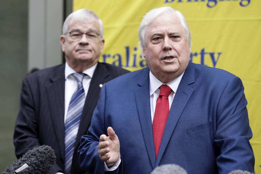 Senator Brian Burston and Clive Palmer during a joint press conference at Parliament House in Canberra on June 18. Photo: Alex Ellinghausen