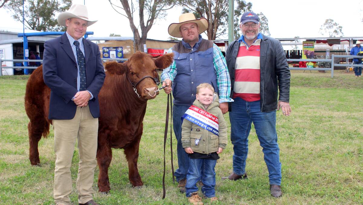 Judge Craig Price, with Benjarra Chicken Nugget held by Ben Passmore, son Lane and Stephen Aisthorpe, Top Country, Roma. Picture: Helen Walker. 