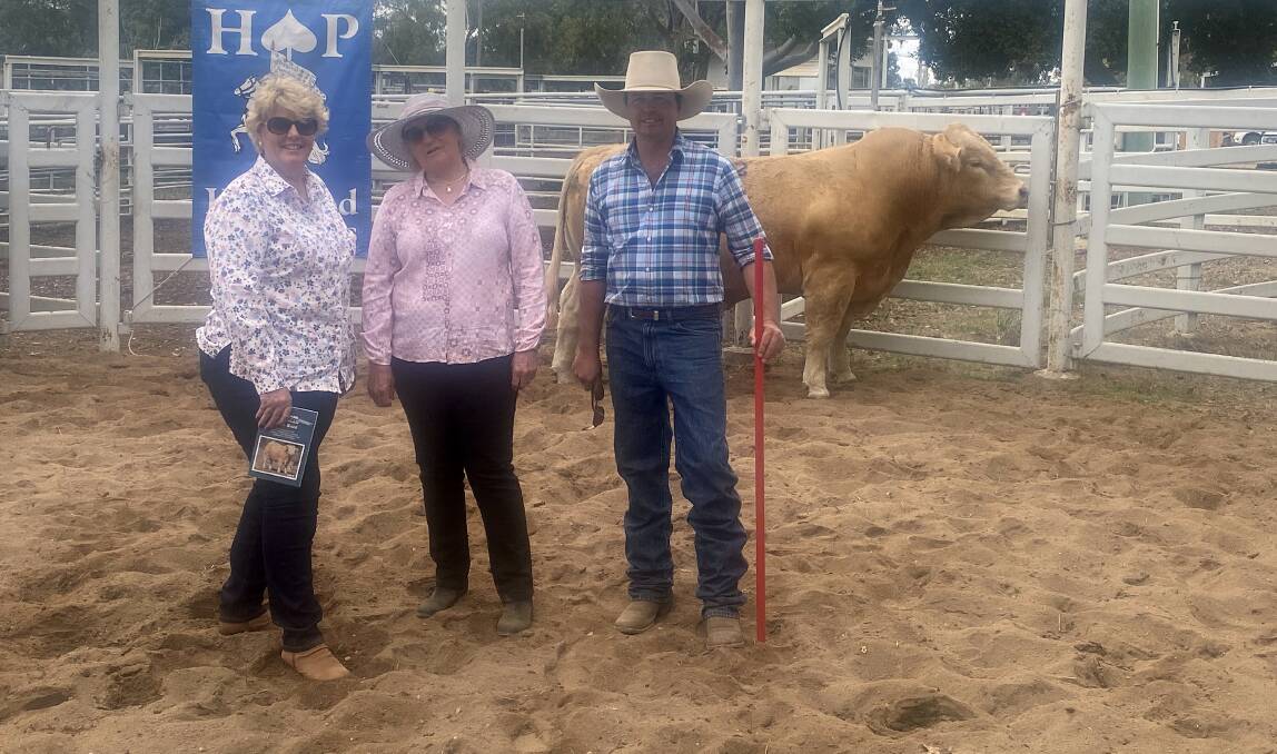 Susan and Mark Hopgood, with Jill Peck, Blackall (centre), who bought second-top price bull Hopgood Proud (P) (R/F) for $20,000.