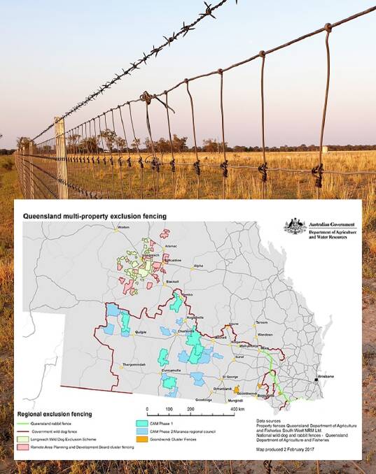 The various multi-property exclusion fencing schemes in Queensland as at February 2017. Map from federal Department of Agriculture.