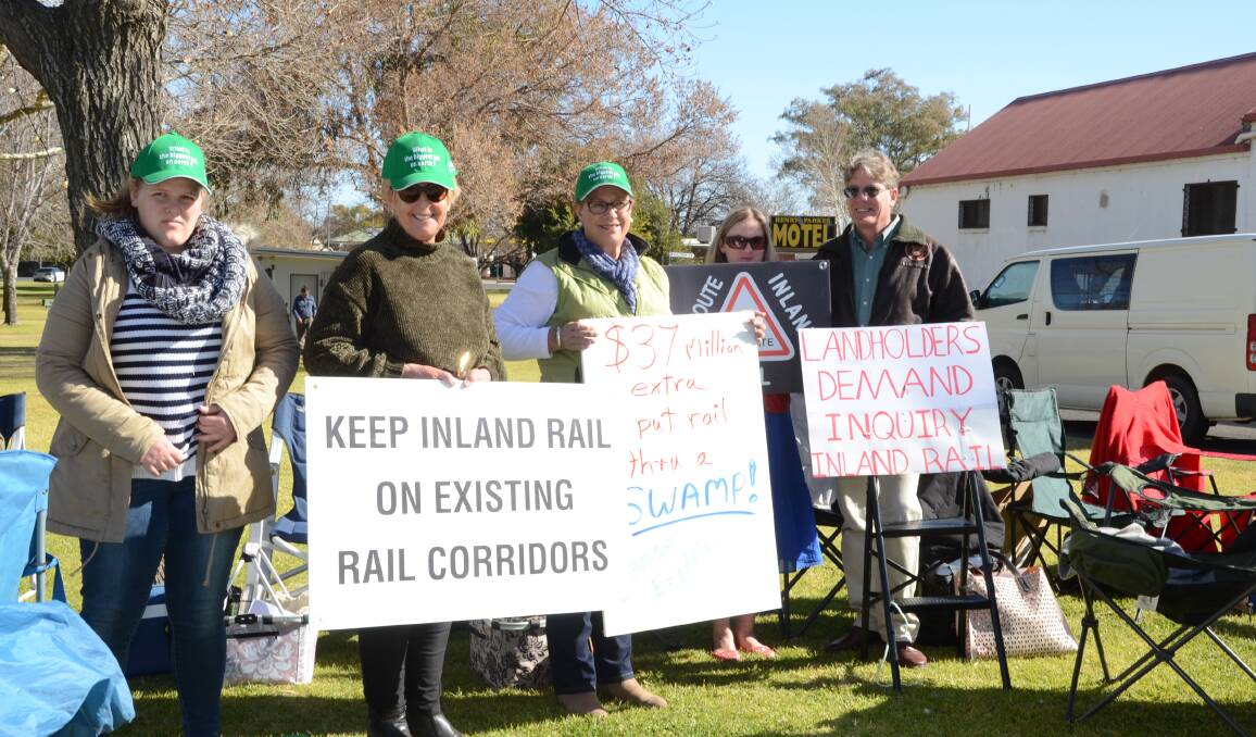 Protesters affected by the proposed Narromine - Narrabri rail corridor Laura Murray, Tamworth, supporting her grandmother, Noeline Lummis, "Wilga View" and "Waverly Downs", Curban; Karen Wilson, "Woodlea", Kickabil; Jennifer and Andrew Knop of High Park Estate, Narromne. Photo by Mark Griggs.
