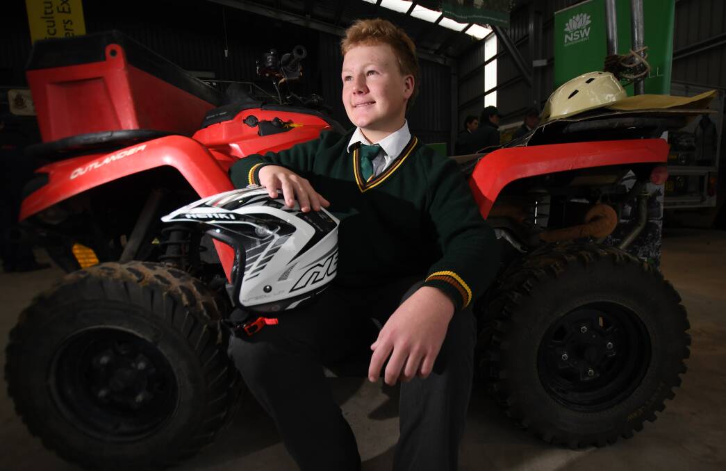 TRADE ISSUES: Farrer Memorial Agricultural High School student Sam Maunder at the launch of the state government quad bike safety campaign in Tamworth in June. Photo: Gareth Gardner 030619GGA08