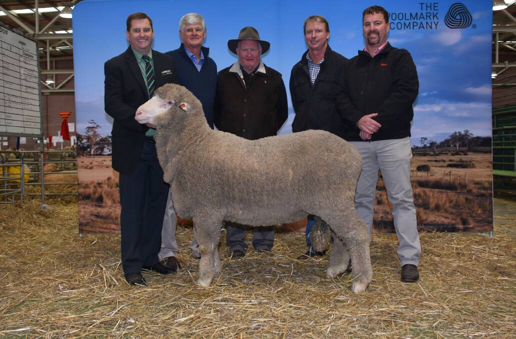 One of the equal top priced rams in 2017 sale was the final lot sold, making $32,000. Pictured are Rick Power, buyer Rodger Mathews, stud advisor Bill Mildren, vendor Daniel Gooding and Nathan King.