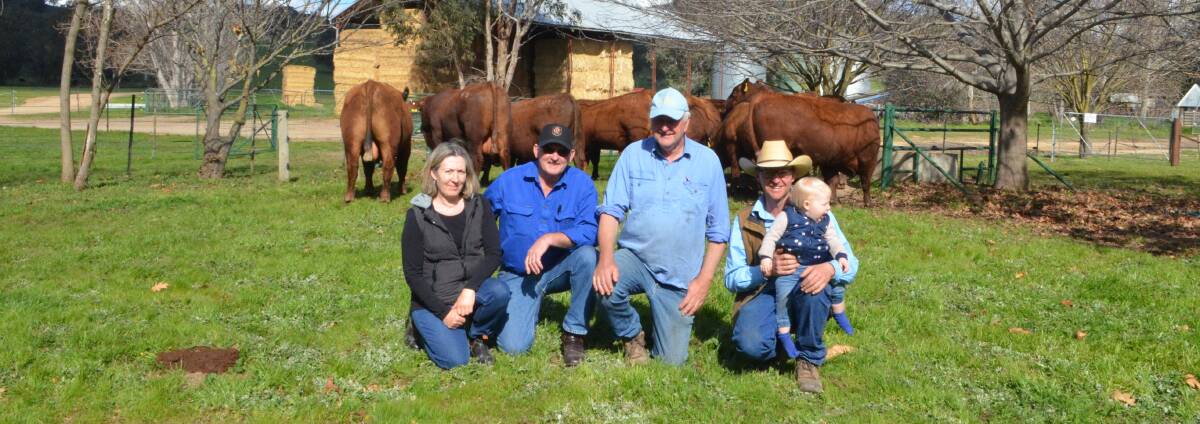 The $13,000 top price bull buyers, Libby and Kevin Heggen, with Andrew, Tom and Henrietta Hicks following the sale. The couple were repeat buyers at the sale and secured Hicks Henry Packer M137, who was by the prominent herd sire, Hicks Henry H61.