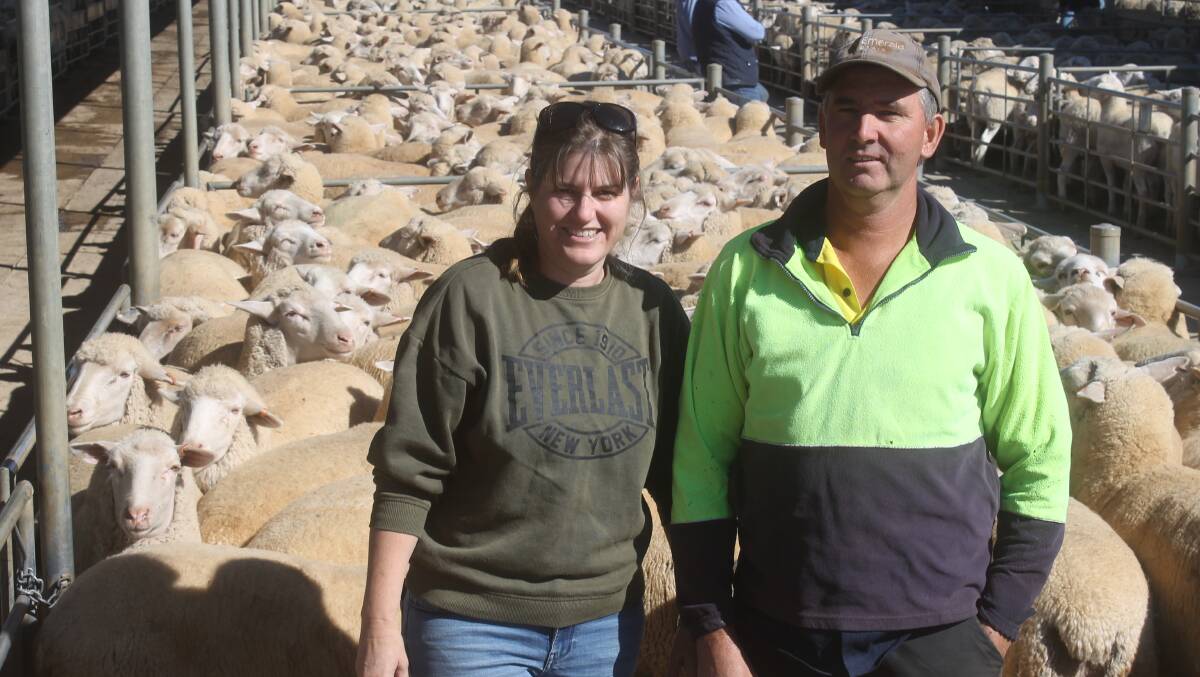 Rob and Katrina Mountjoy, Neilborough, sold White Suffolk-cross lambs at $215 at Bendigo's sheep sale last week. Photo by Murray Arnel.