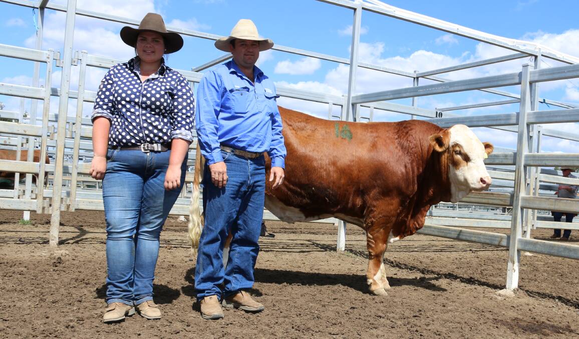 Sophie Laycock, Clay Gully Simmentals with purchaser Craig Hampson, Springfield Simmentals, Monto with second top price bull Clay Gully Kenya K649 who sold for $15,000.

