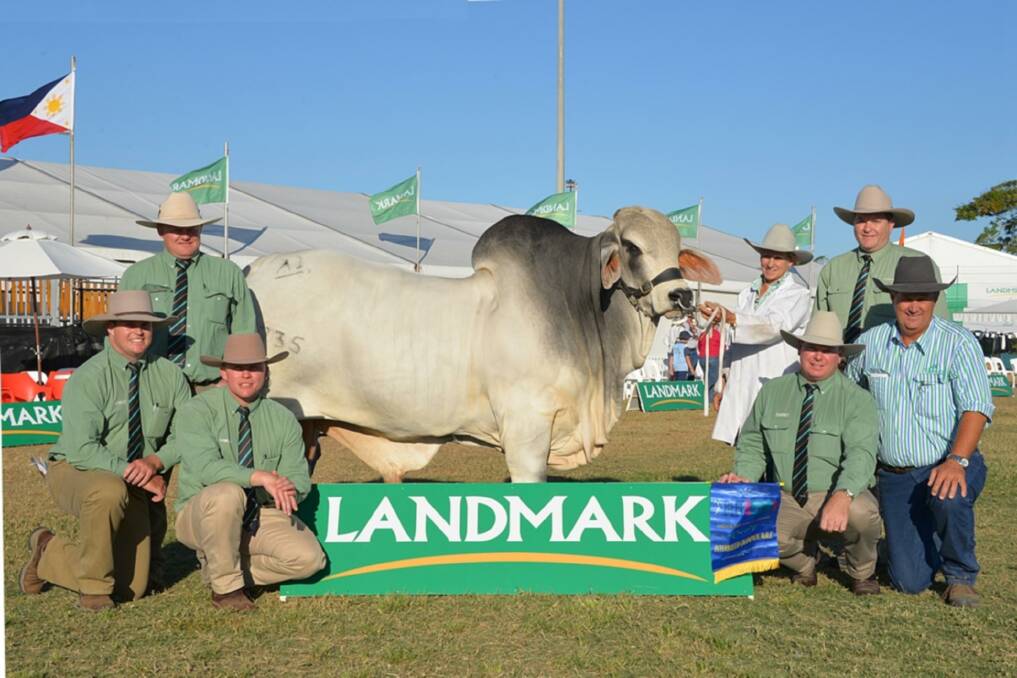 Landmark livestock representatives with the Beef Australia 2015 Grand Champion interbreed bull awarded to Andrew and Roxanne Olive's Brahman, Raglan Victory.