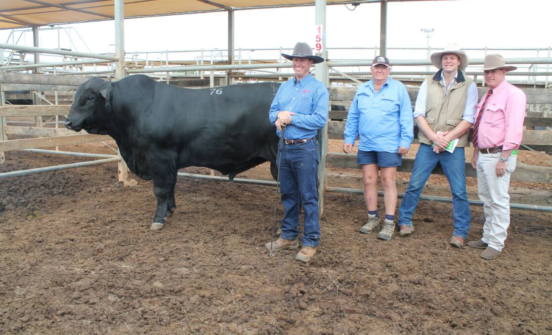 Tops in 2018: Stephen Pearce, Telpara Hills Brangus, with the $22,000 top-priced bull of the 2018 sale, Telpara Hills Remington (P), buyers Charles McKinlay and Will Caldwell and auctioneer Michael Smith.