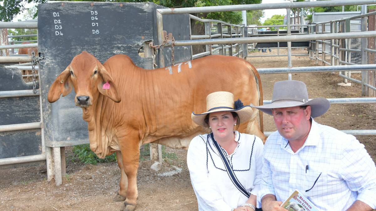 Hannah and Brendan Gilliland, Brenannah Brahmans, Dalby, with their top $26,000 red Brahman heifer bought from Rockley Brahmans