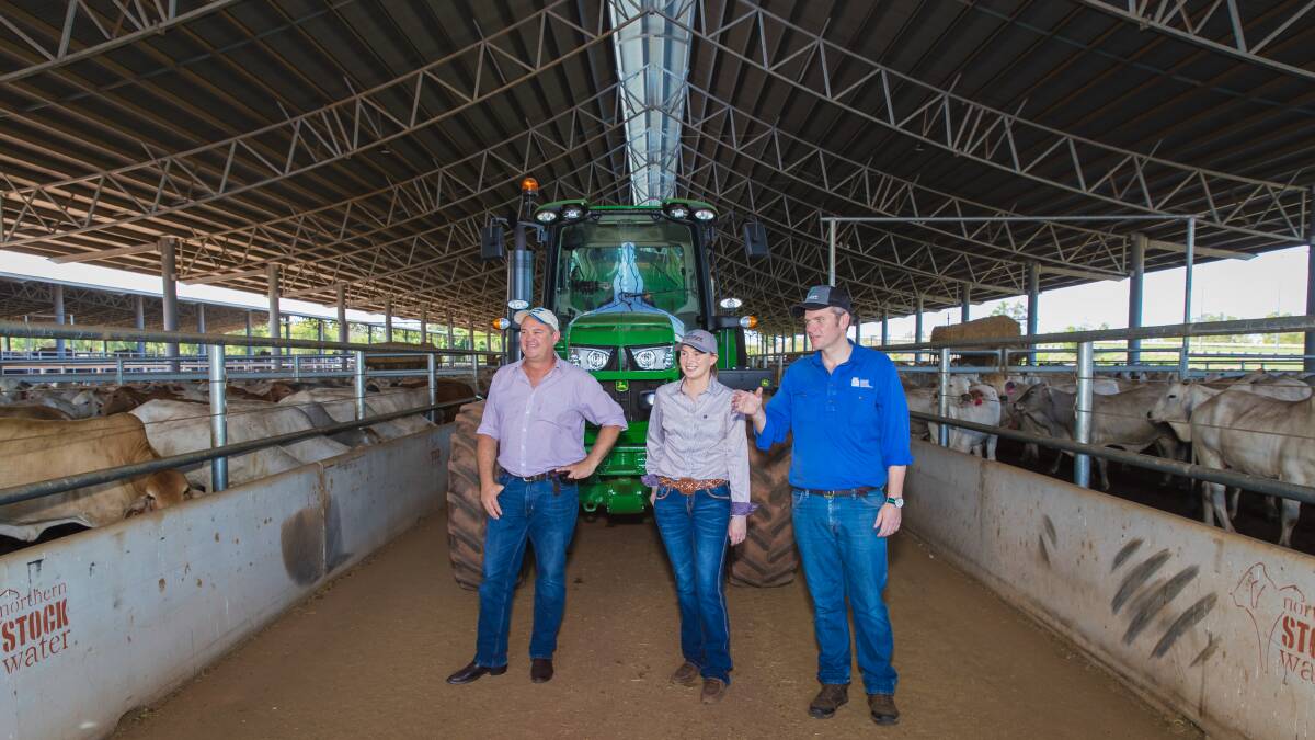 Ellie Ireson with Northern Territory Livestock Exporters Association (NTLEA) director Tim O'Donnell (from Wellard Rural Exports), left, and NTLEA CEO Tom Dawkins.