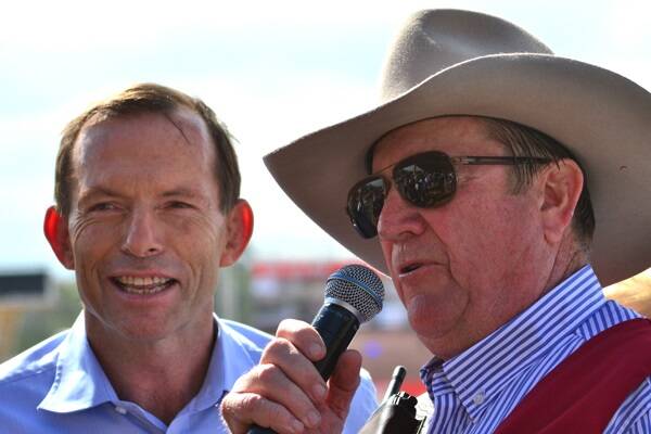 Opposition Leader Tony Abbott and Graeme Acton at Paradise Lagoons campdraft, near Rockhampton, today. Photo: SHARON HOWARD