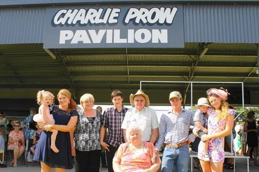 Charlie Prow (centre) and wife Gail (front) are surrounded by family at the opening of the pavilion – Charlee-Rose, Jamie-Lee, Helen, Jake, Brady, Mackenzy and Megan.